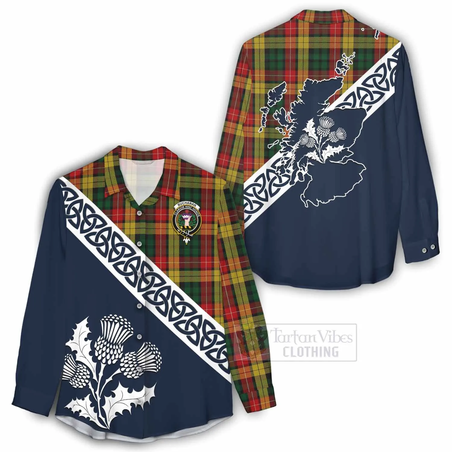 Buchanan Tartan Women's Casual Shirt Featuring Thistle and Scotland Map