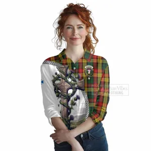 Buchanan Tartan Women's Casual Shirt with Family Crest and St. Andrew's Cross Accented by Thistle Vines