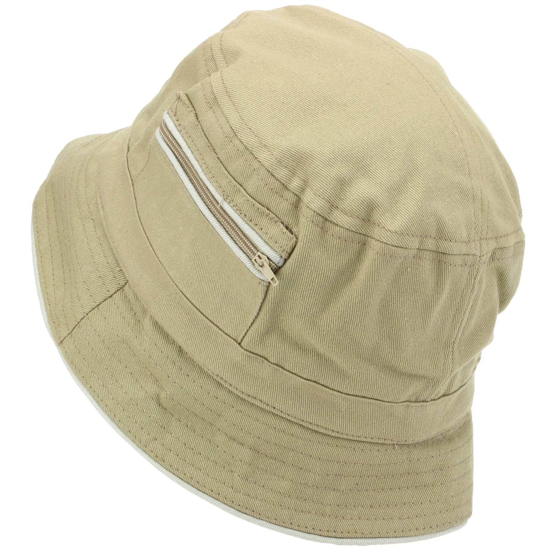 Bucket Hat with Contrast Trim and Zip Pockets - Beige