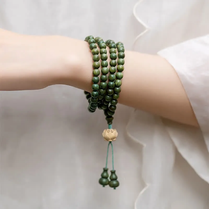 Buddha Stones 108 Mala Beads Green Sandalwood Boxwood Lotus Positive Bracelet