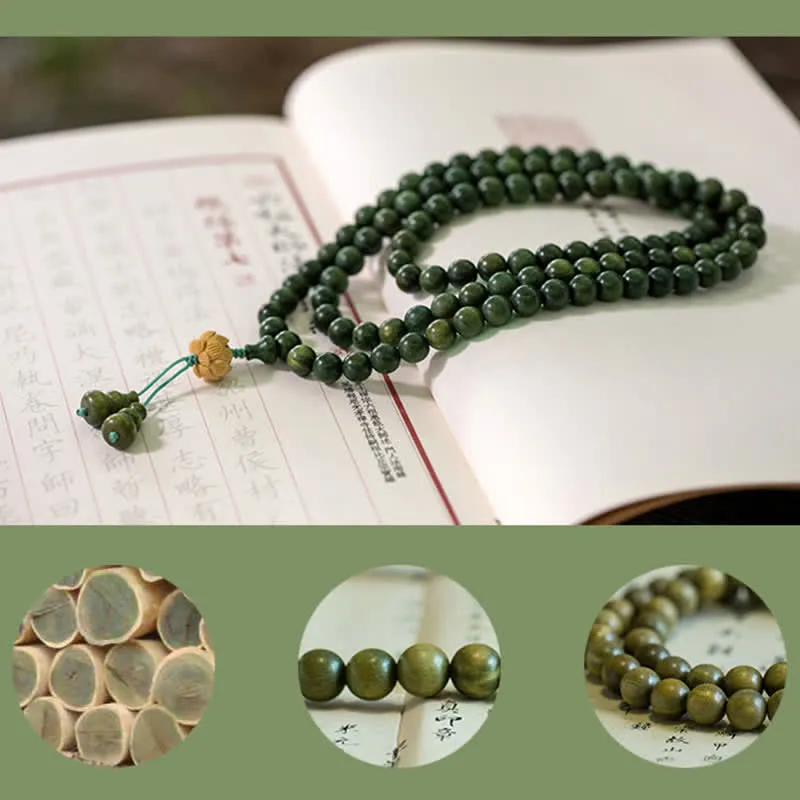 Buddha Stones 108 Mala Beads Green Sandalwood Boxwood Lotus Positive Bracelet