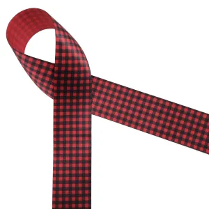 Buffalo Plaid ribbon in black on 1.5" red single face satin