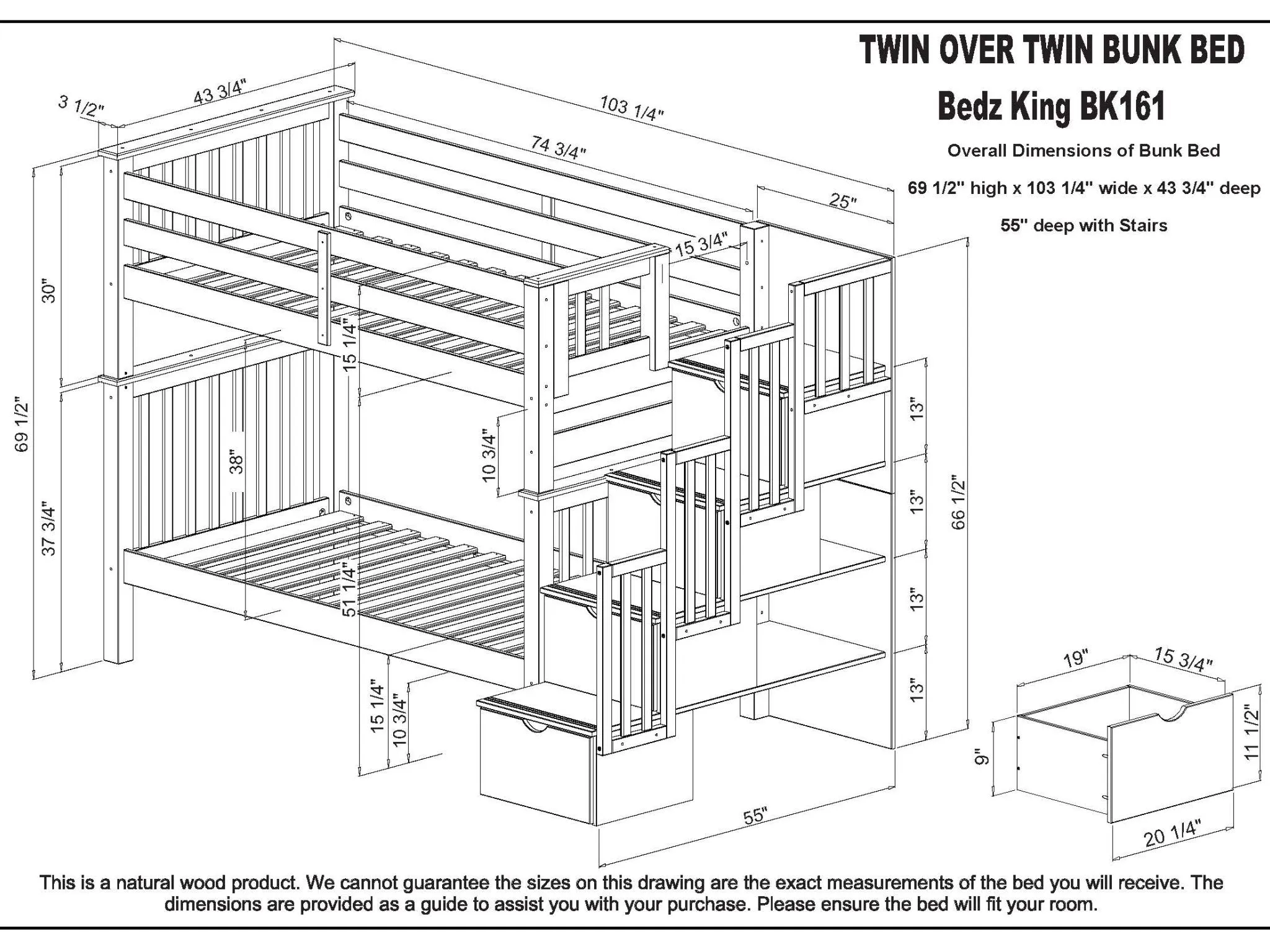 Bunk Beds Tall Twin over Twin Stairway Gray