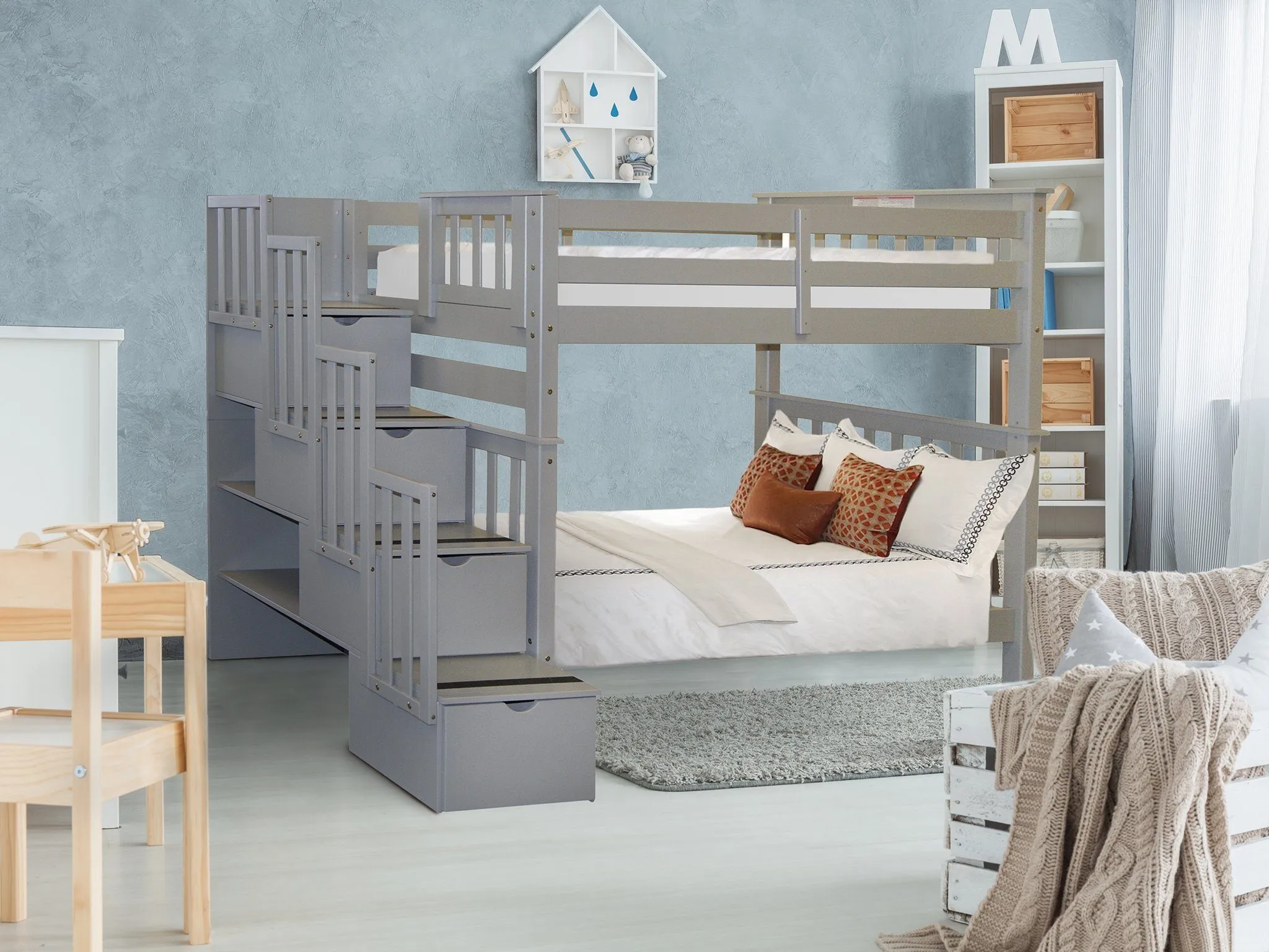 Bunk Beds Tall Twin over Twin Stairway Gray