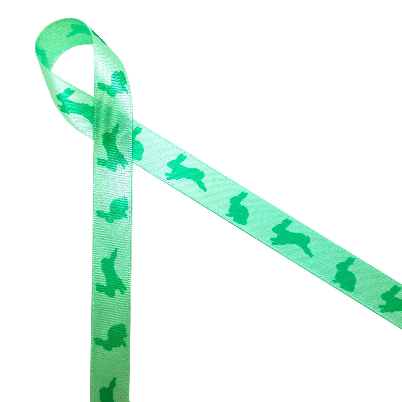 Bunnies Ribbon in green hopping on 5/8" Mint Green single face satin ribbon