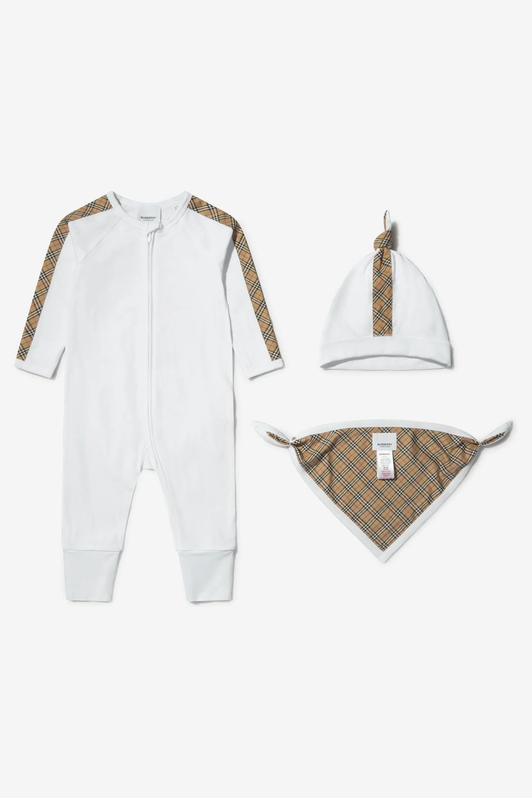 Burberry Baby Claude Mini Check 3 Piece Romper Set in White