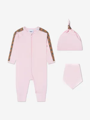 Burberry Baby Girls Claude Mini Check 3 Piece Romper Set in Pink