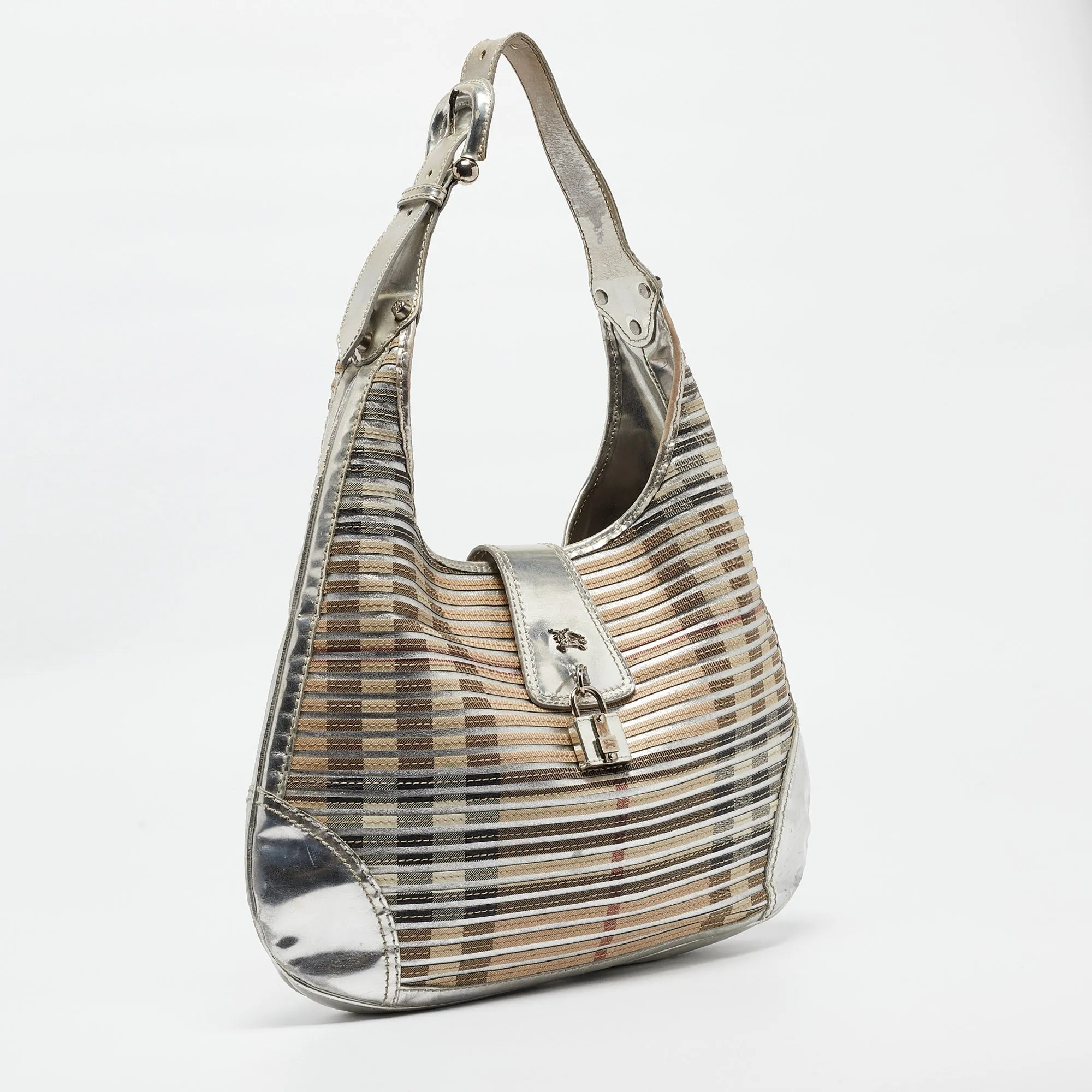 BURBERRY Silver/Beige House Check Coated Canvas and Patent Leather Brooke Hobo