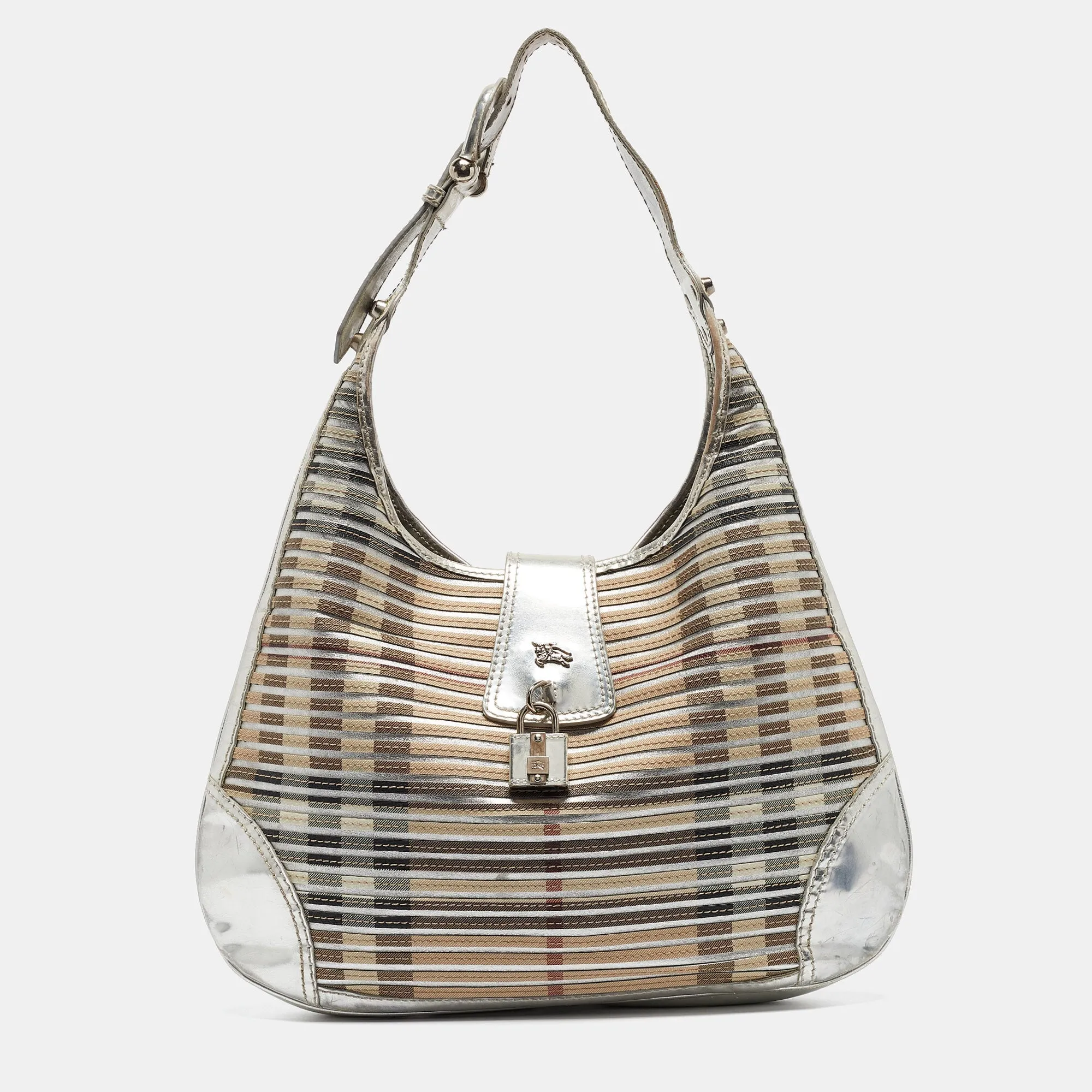 BURBERRY Silver/Beige House Check Coated Canvas and Patent Leather Brooke Hobo