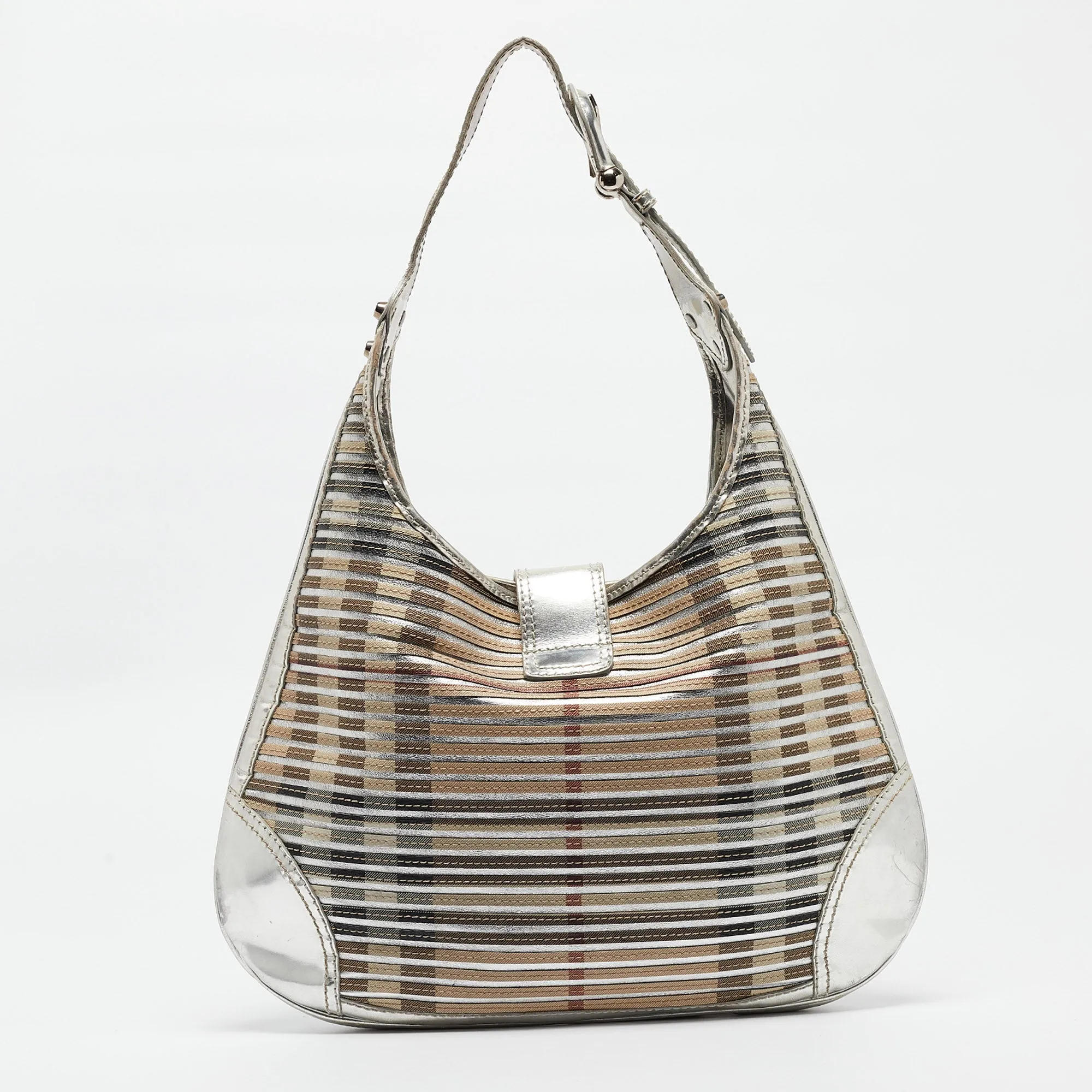 BURBERRY Silver/Beige House Check Coated Canvas and Patent Leather Brooke Hobo