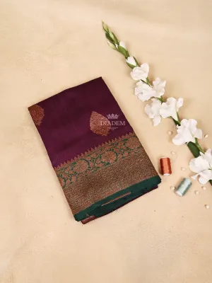 Burgandy Banarasi Saree with Leaf Motif on the Body with Zari Border