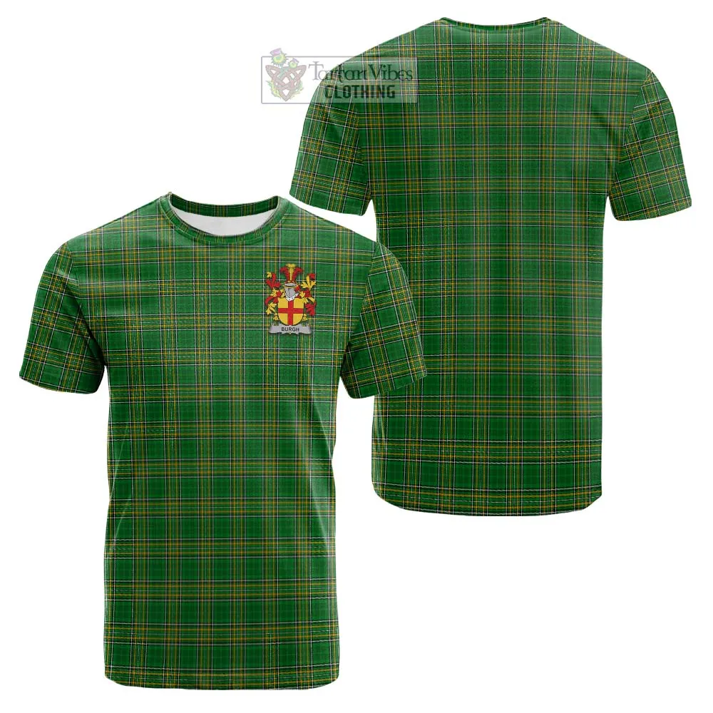 Burgh Irish Clan Tartan Cotton T-shirt with Coat of Arms