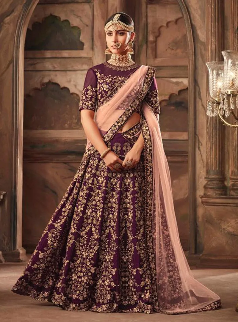 Burgundy And Peach Embroidered Designer Lehenga Choli