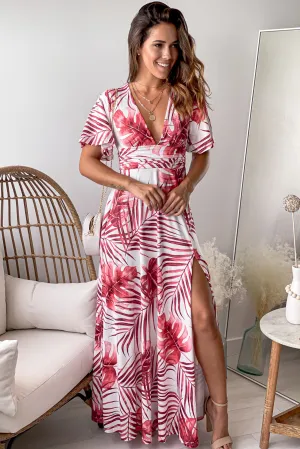 Burgundy And White Printed V-Neck Maxi Dress With Slit