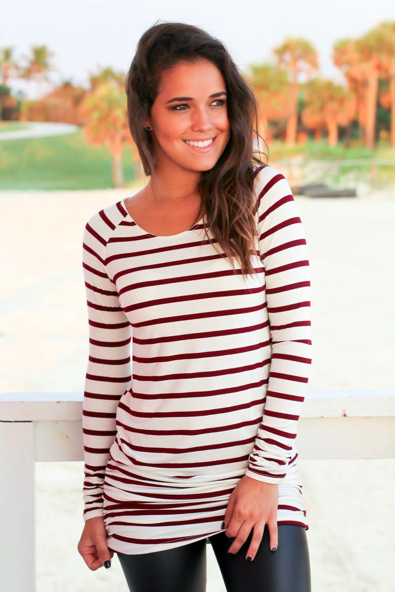 Burgundy and White Striped Ruched Tunic