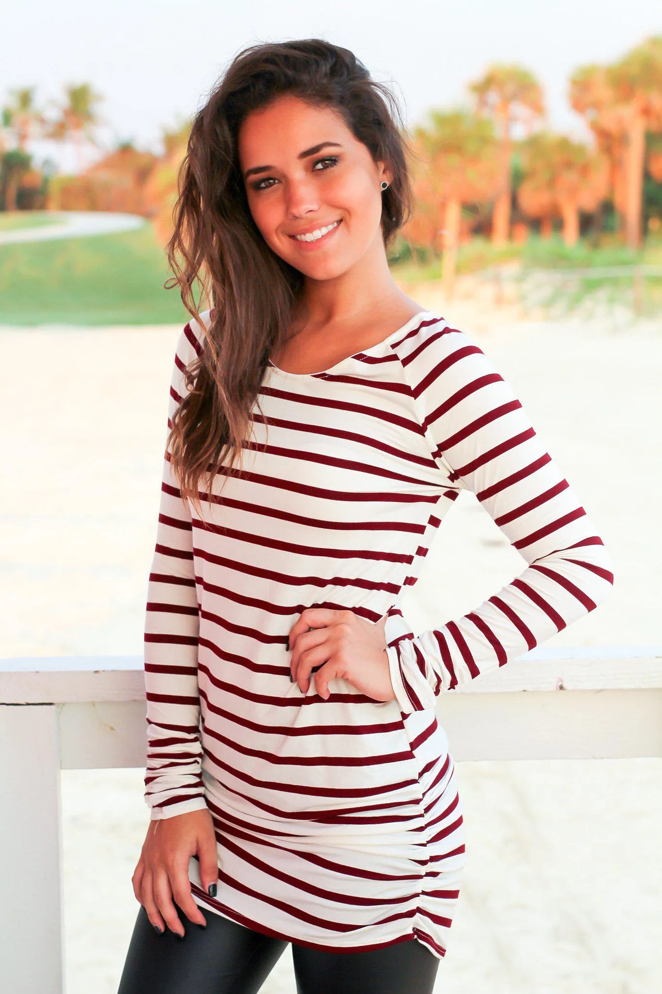 Burgundy and White Striped Ruched Tunic