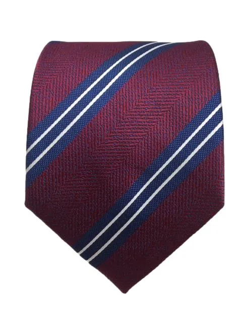 Burgundy, Blue and White Striped 2XL Tie with Herringbone Design