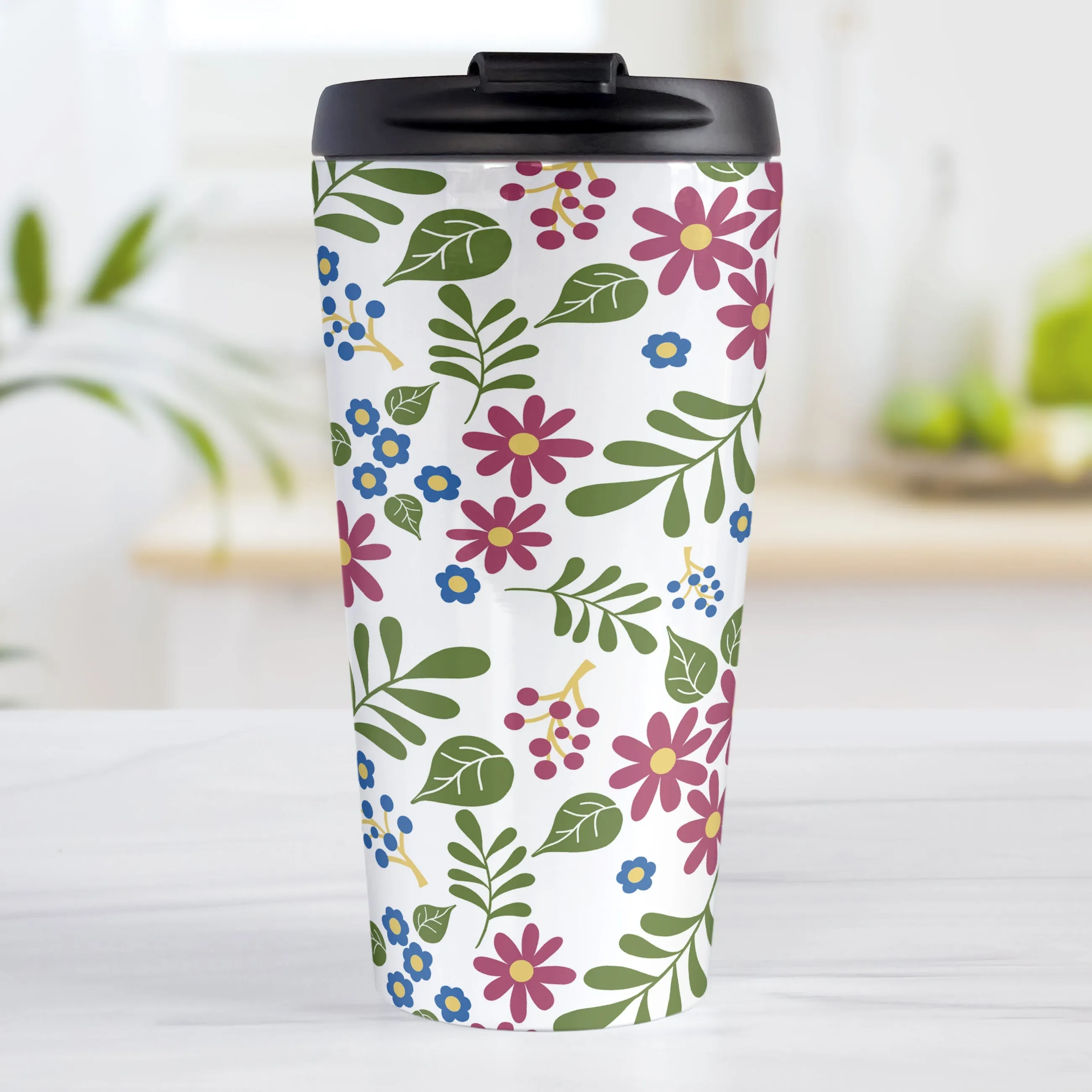 Burgundy Blue Green Flowers Pattern Travel Mug