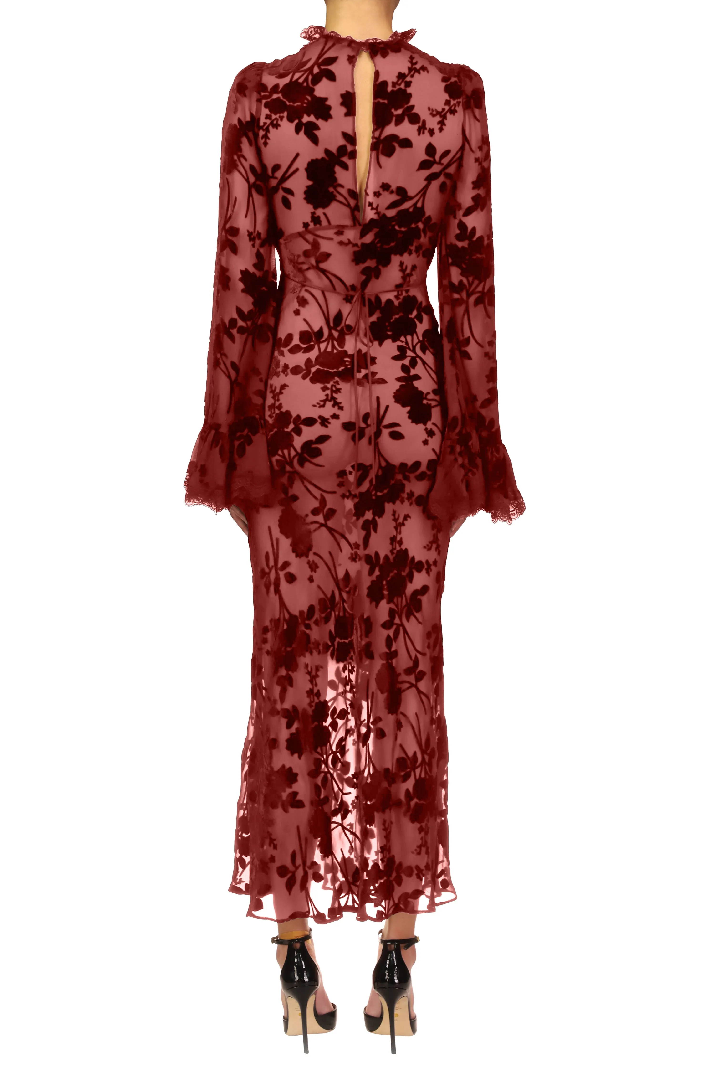 Burgundy Burnout Velvet Bias Dress With Bell Sleeves