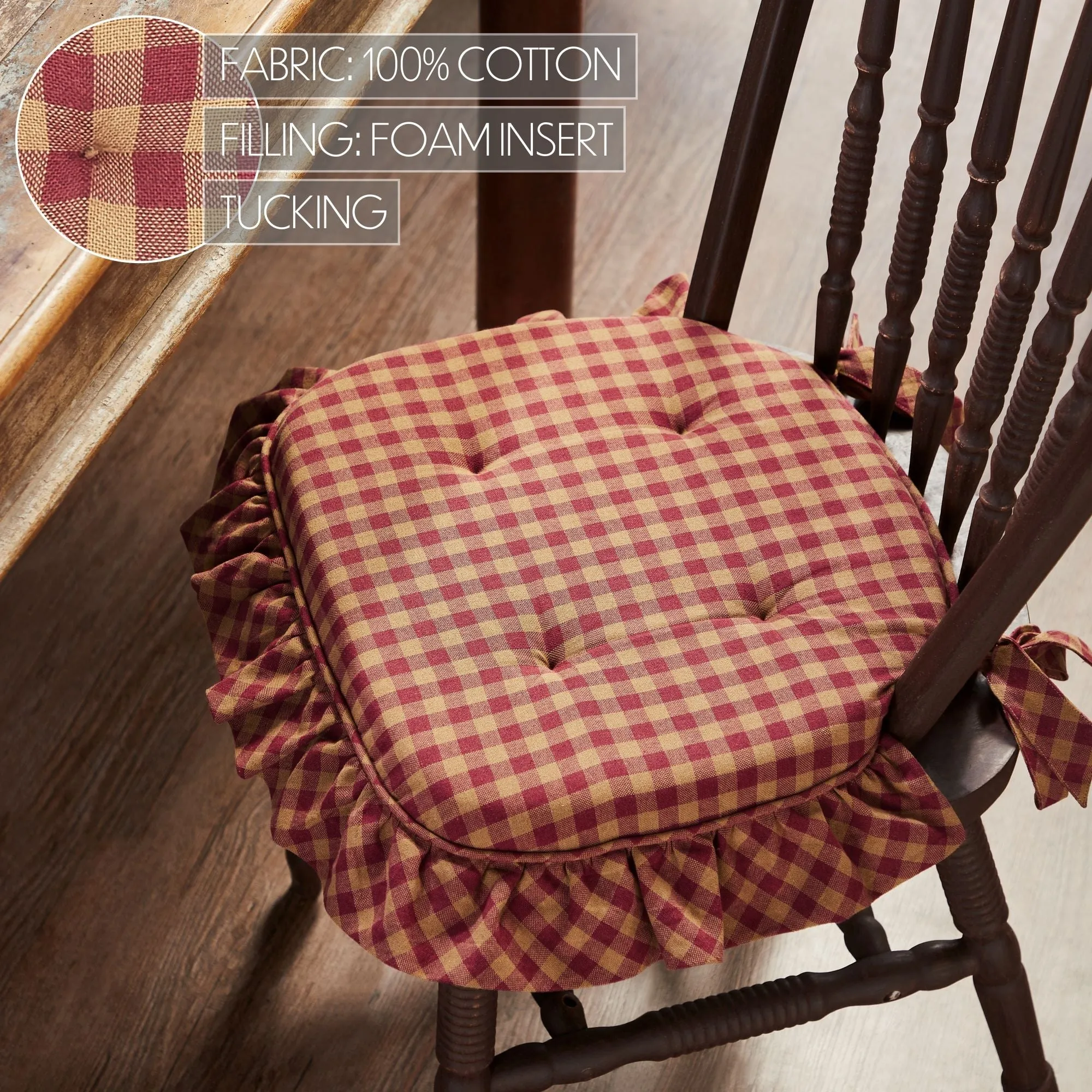 Burgundy Check Ruffled Chair Pad 16.5x18