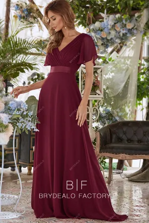 Burgundy Chiffon Batwing Sleeves Long A-line Dress