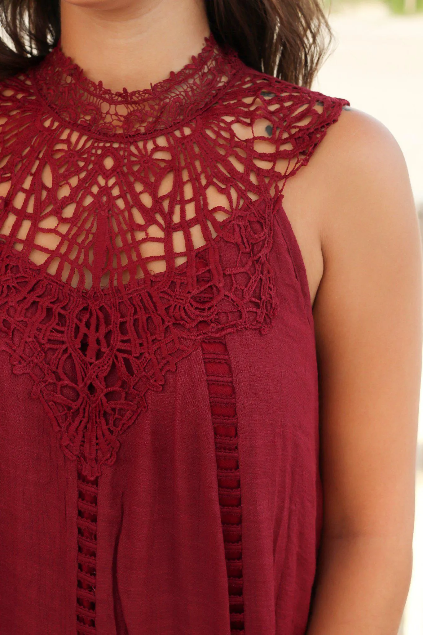 Burgundy Crochet Short Dress with Cut Out Detail