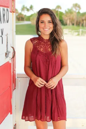 Burgundy Crochet Short Dress with Cut Out Detail