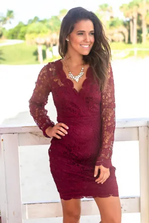 Burgundy Crochet Short Dress with Long Sleeves