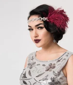 Burgundy Feather & Silver Linked Rhinestones Channel Flapper Headband