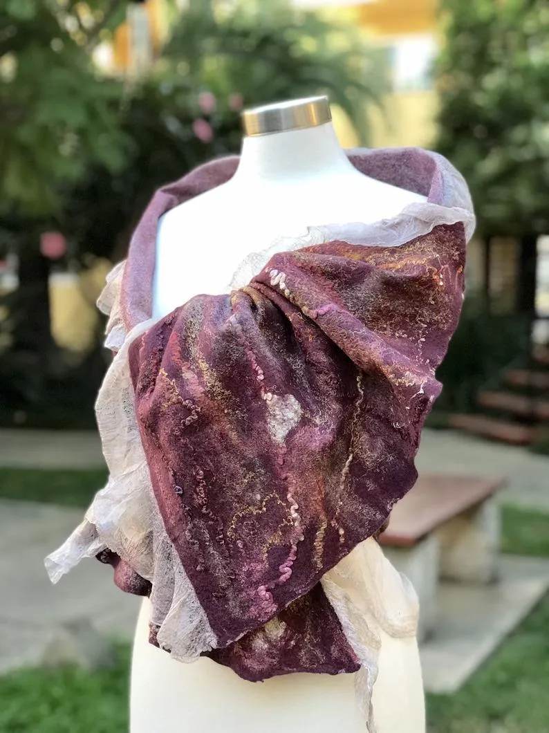 Burgundy Felted Scarf for Women, Hand Felt Shoulder Wrap, Nuno Felted Scarf, Wedding Textured Shawl, Felt Silk Scarf, Wool Scarf