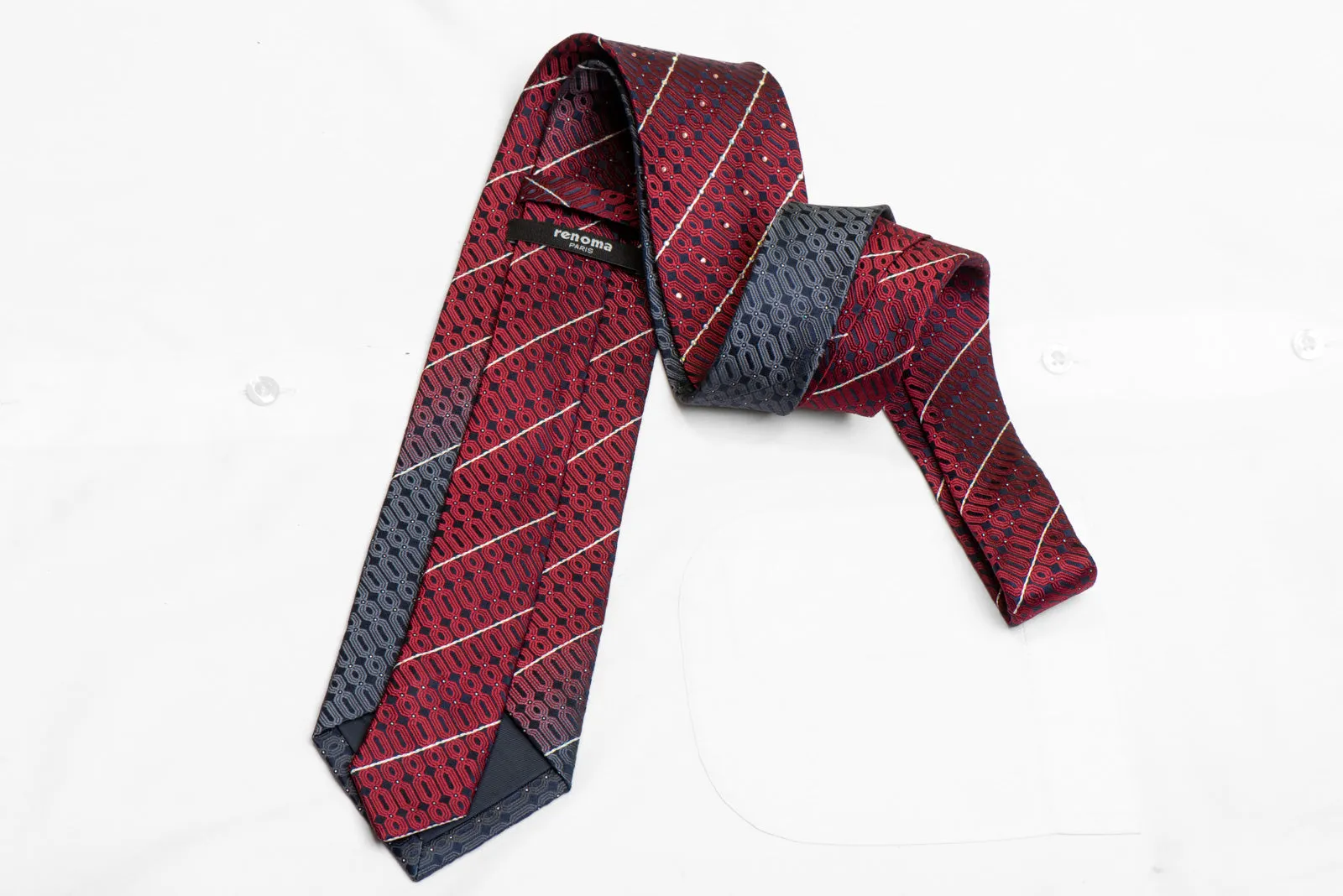 Burgundy Geometric Striped On Navy Rhinestone Silk Necktie With Silver Sparkles