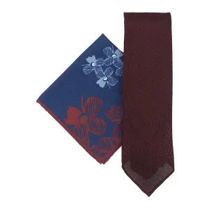 Burgundy grenadine tie and blue pocket square set - Fumagalli 1891