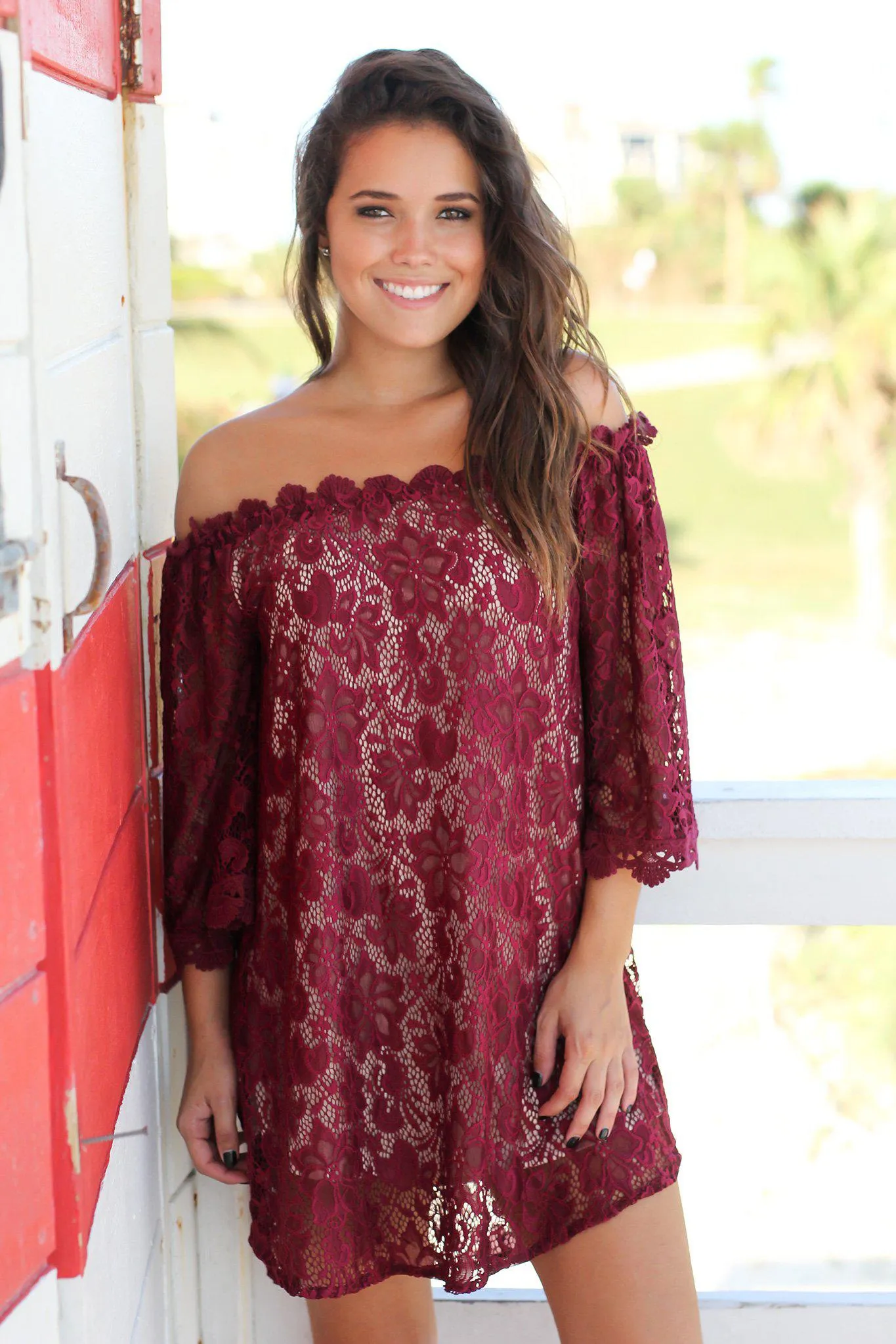 Burgundy Lace Off Shoulder Short Dress