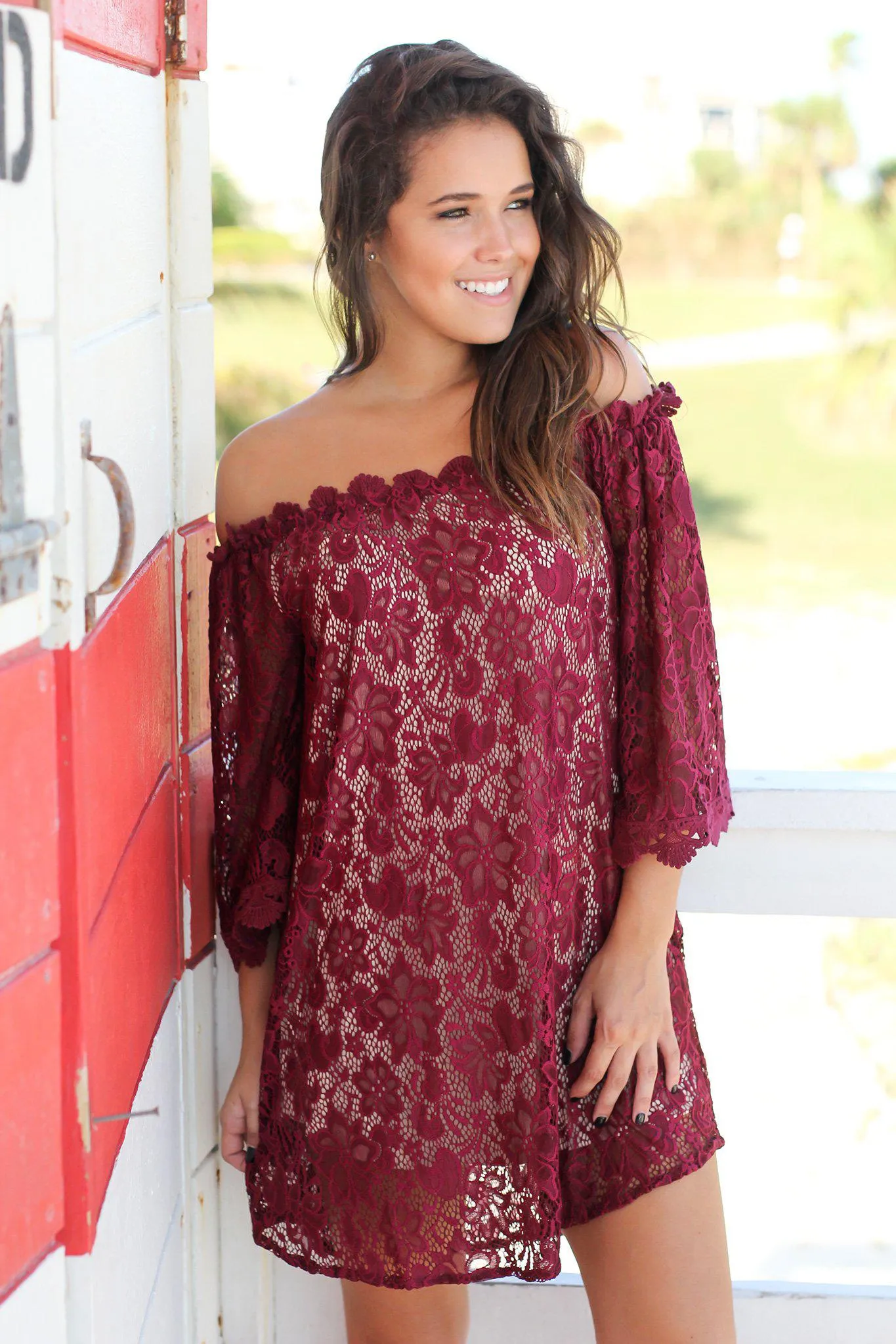 Burgundy Lace Off Shoulder Short Dress