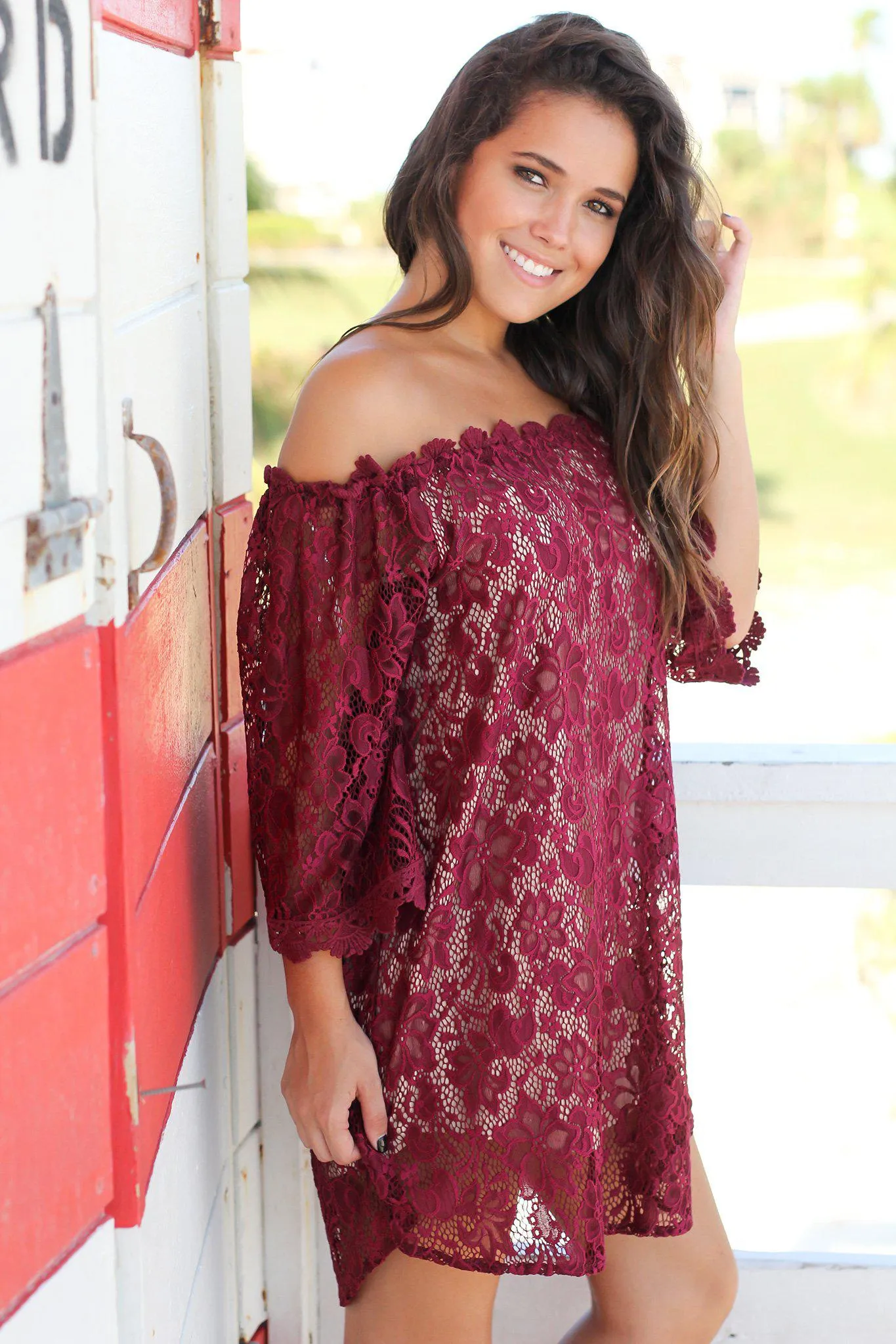 Burgundy Lace Off Shoulder Short Dress