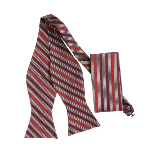 Burgundy, Pink, Silver and Red Stripe Designed Self-Tie Bow Tie with Matching Pocket Square