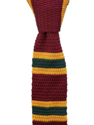 Burgundy Red, Mustard Yellow and Forest Green Striped Knit Tie