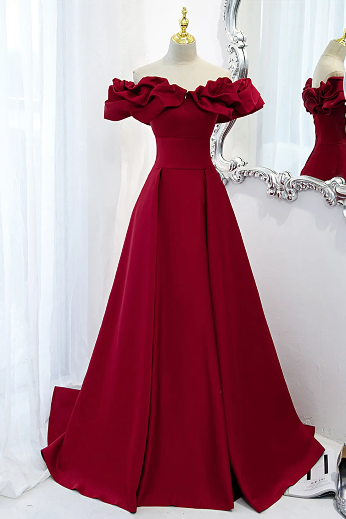 Burgundy Satin Long Prom Dress A-Line Off Shoulder Evening Party Dress