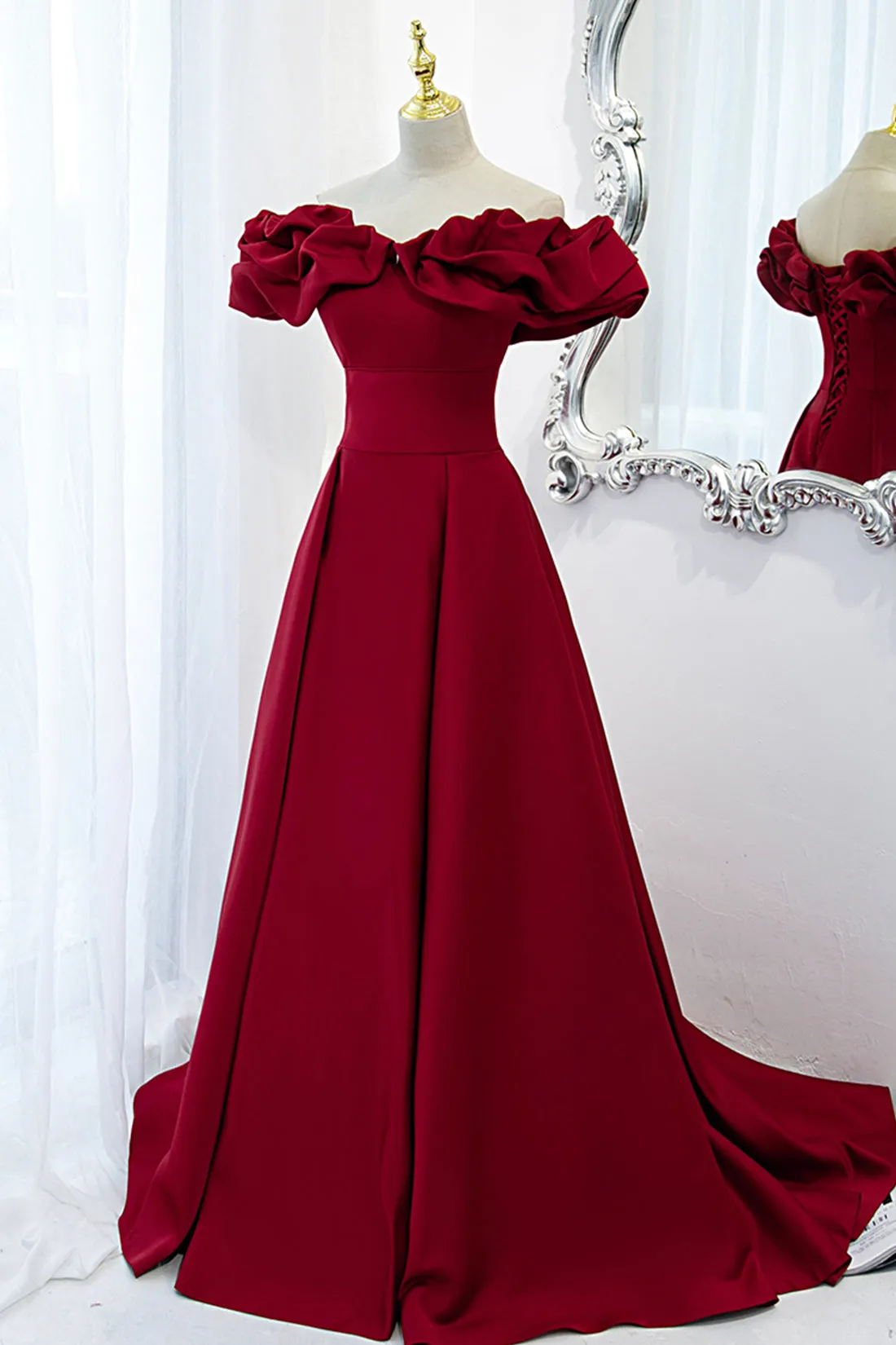 Burgundy Satin Long Prom Dress A-Line Off Shoulder Evening Party Dress