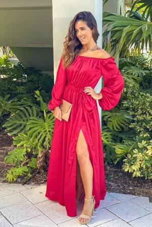 Burgundy Satin Off Shoulder Maxi Dress With Slit