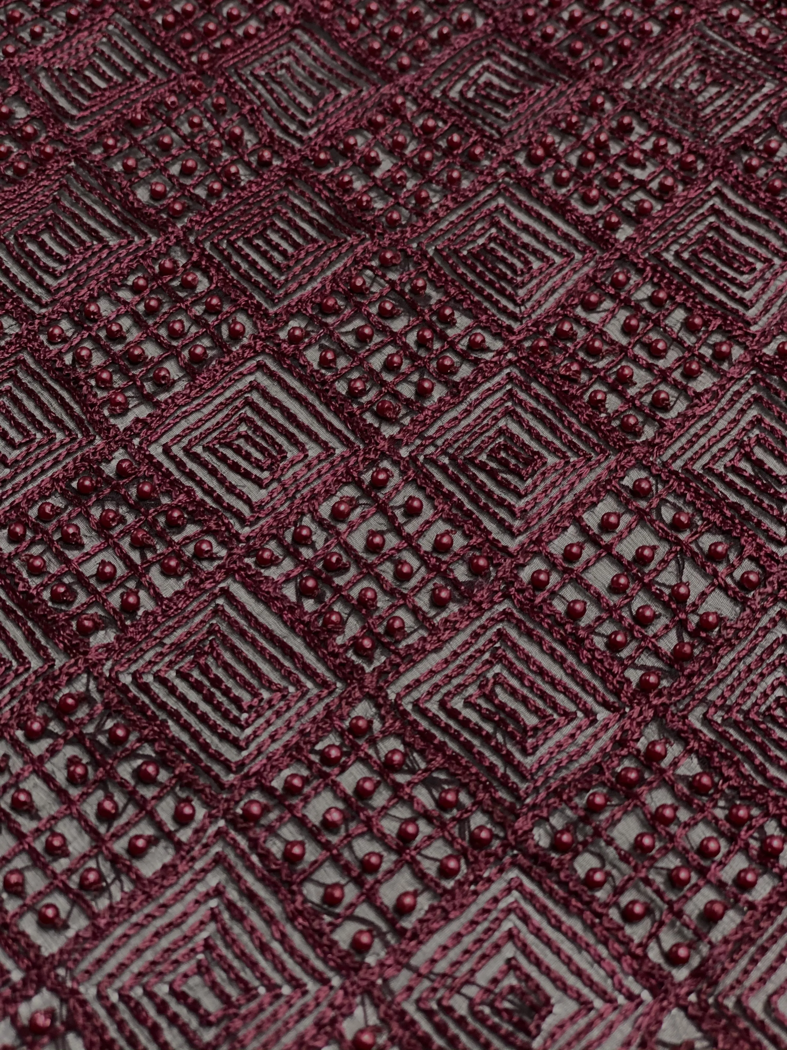 Burgundy Sequin & Beads On Silk Chiffon JEC-082-3 Fabric