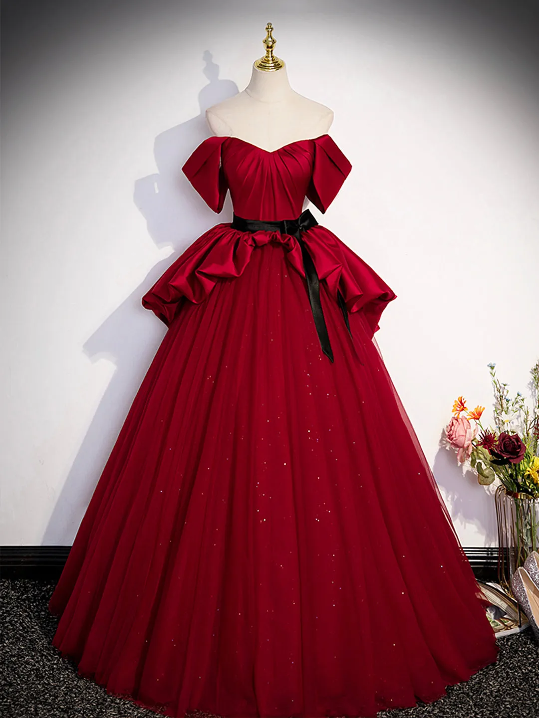 Burgundy Sweetheart Neck Formal Dress A-Line Tulle Floor Length Prom Dress