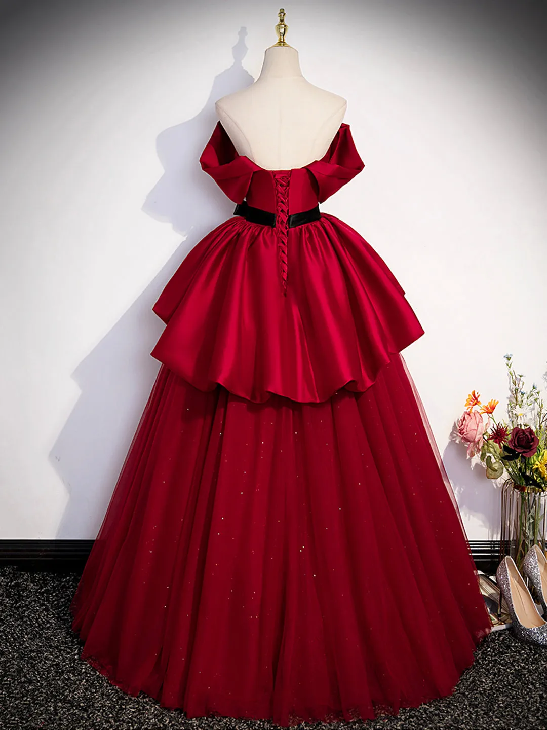 Burgundy Sweetheart Neck Formal Dress A-Line Tulle Floor Length Prom Dress