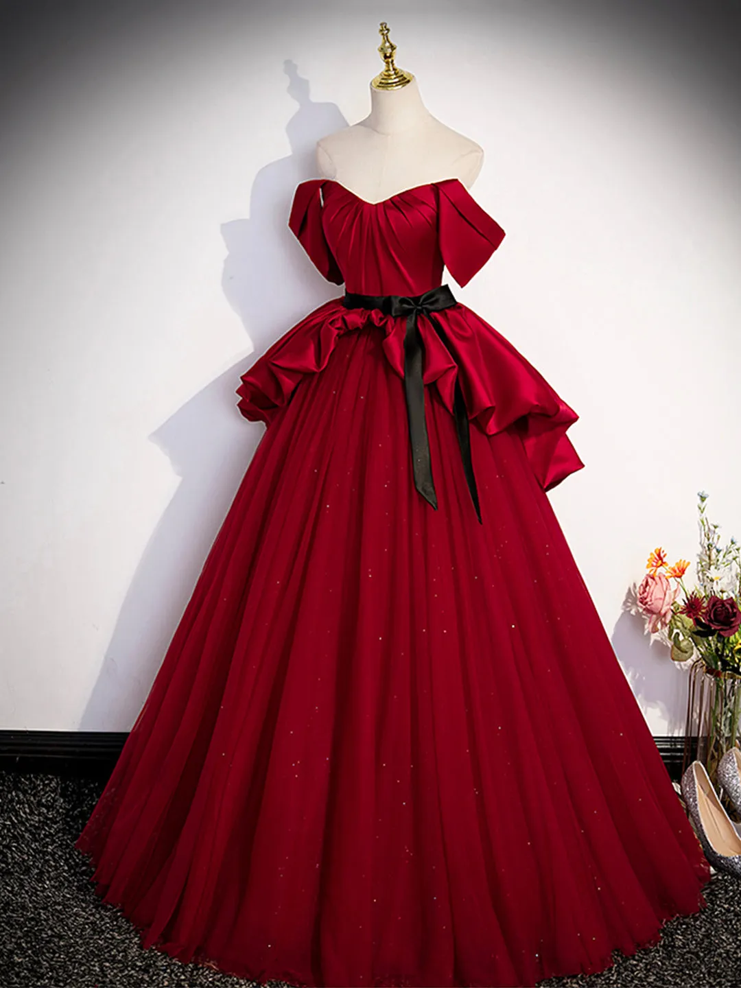 Burgundy Sweetheart Neck Formal Dress A-Line Tulle Floor Length Prom Dress