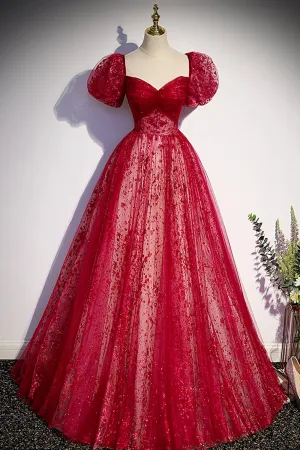 Burgundy Tulle Long Prom Dress with Sequins, A-Line Short Sleeve Evening Dress