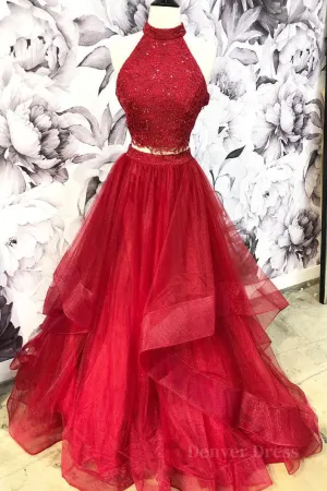 Burgundy two pieces tulle lace long prom dress lace evening dress