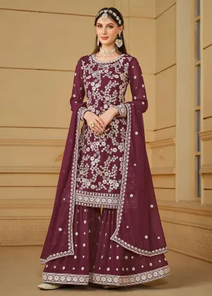 Burgundy Wine Embroidered Georgette Gharara Style Suit