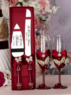 Burgundy with butterflies quinceanera cake knife set with 2 glasses