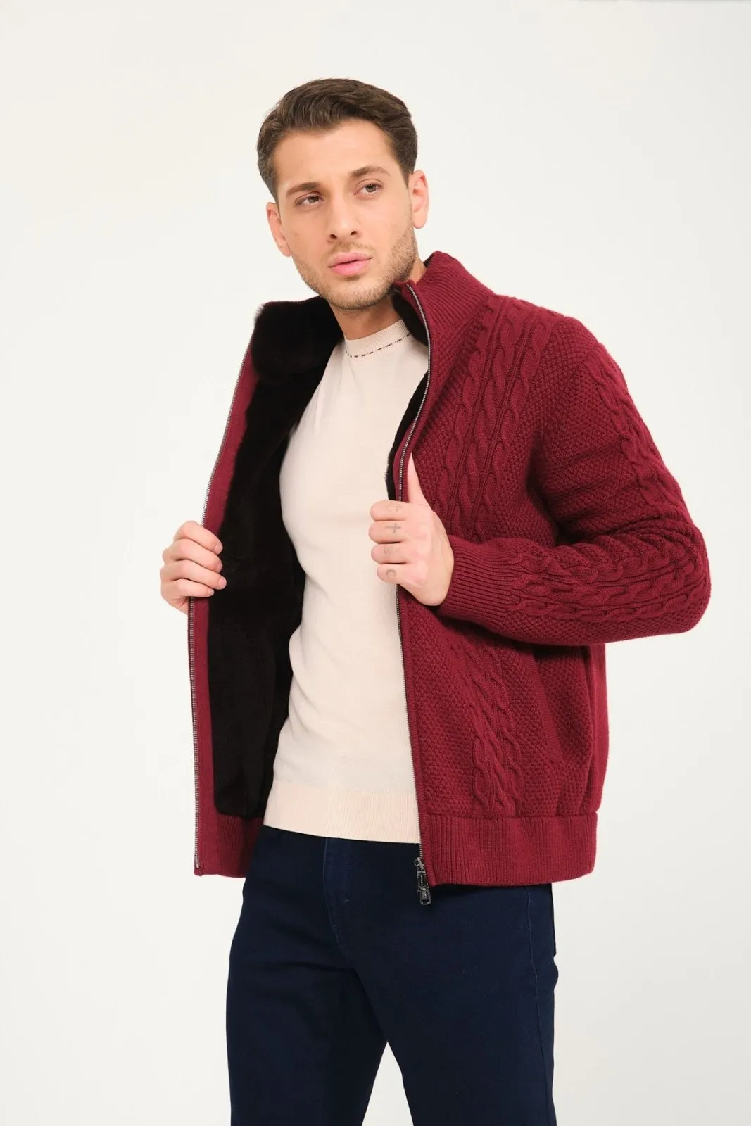 Burgundy Wool & Rex Fur Knit Cardigan