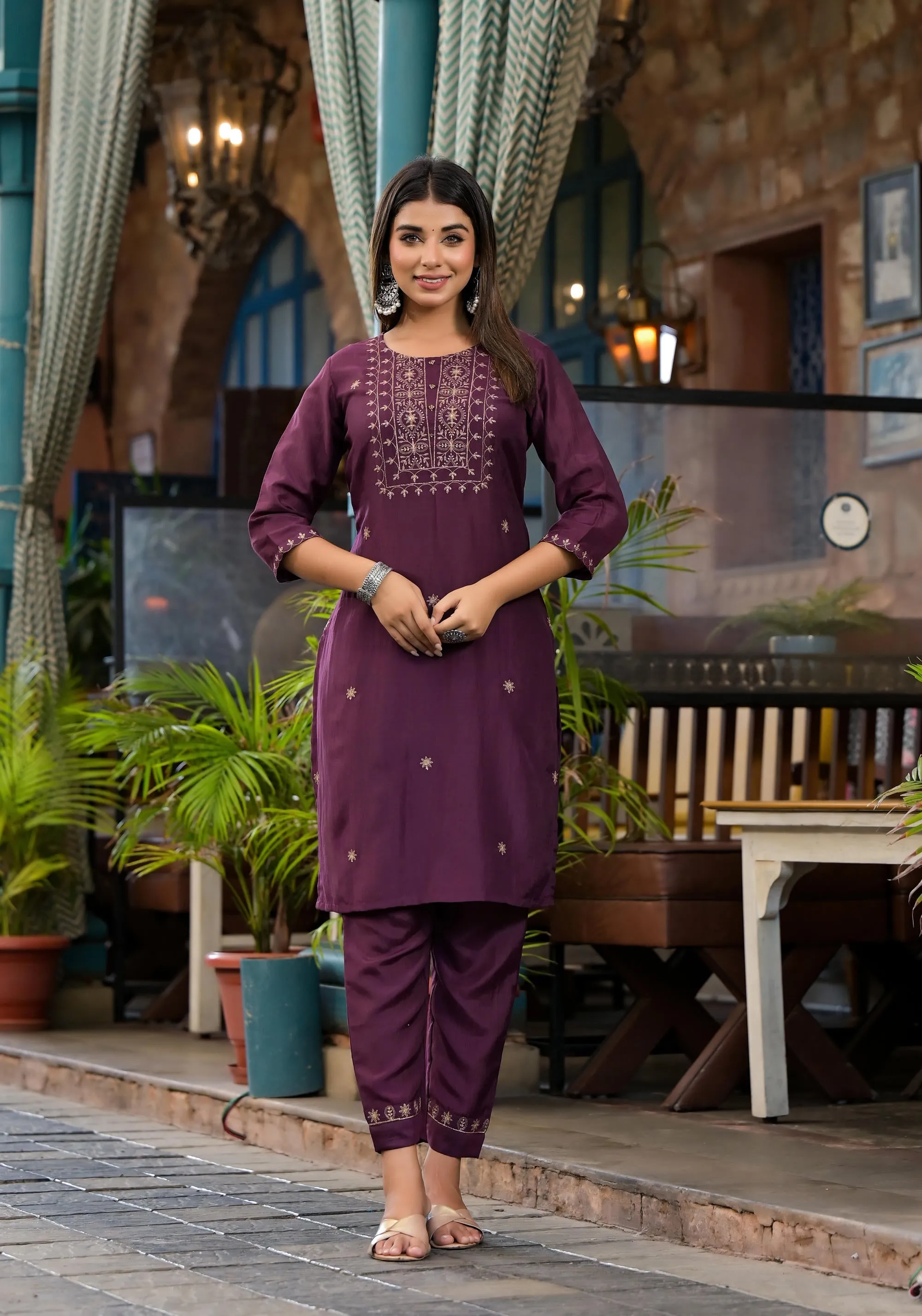 Burgundy Zari Embroidered Chinon Kurta Pant And Dupatta Set With Zari Work & Beads